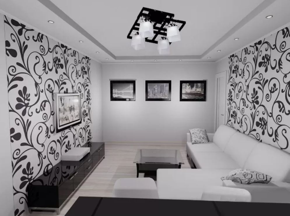 Черно-белая люстра с потолочным креплением выдержана в цветовой палитре гостиной
