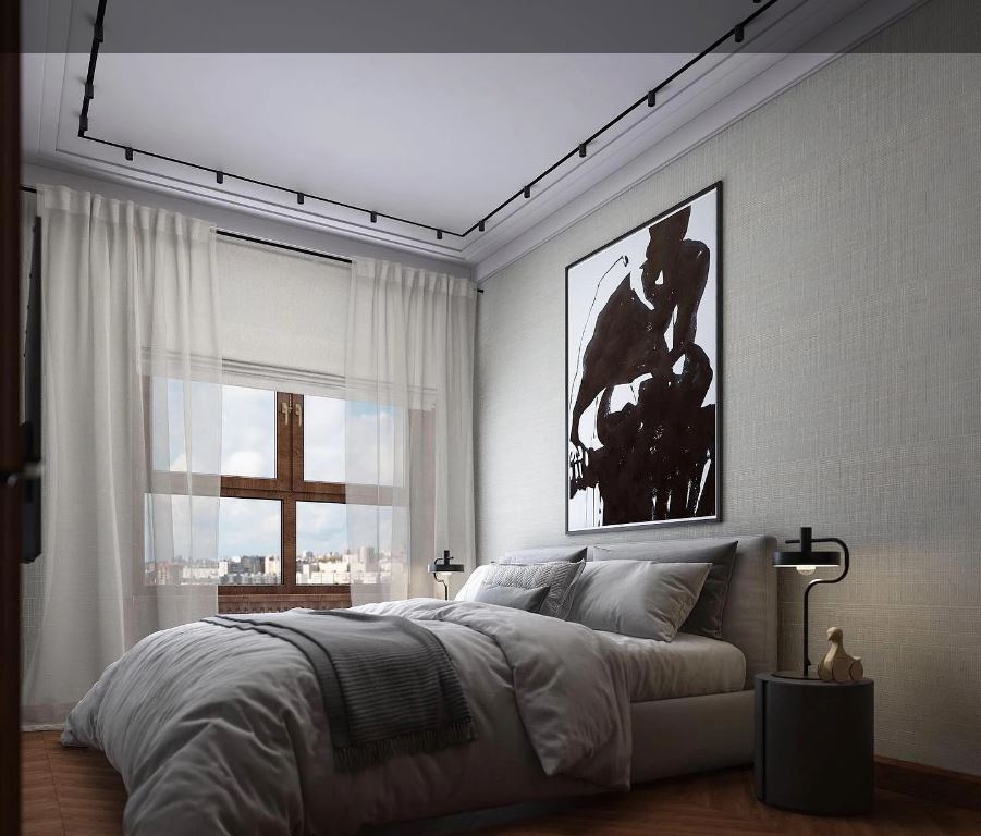 Полупрозрачный тюль и плотные римские шторы - оптимальный вариант для спальни