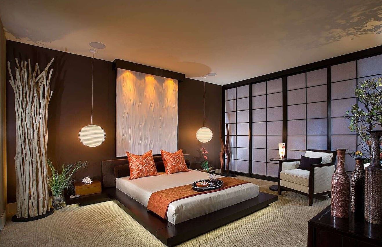 Коричневая спальня в японском стиле