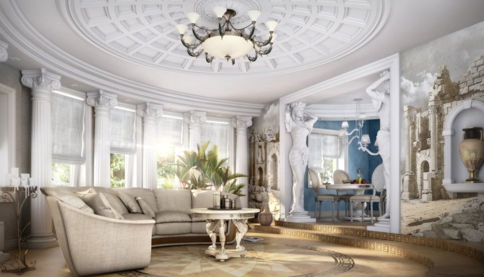 Греческое направление классического стиля в интерьере гостиной
