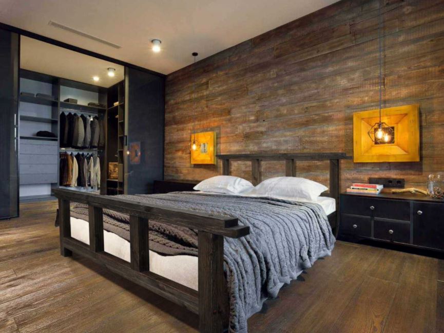 Деревянная модель кровати в стильном интерьере лофт