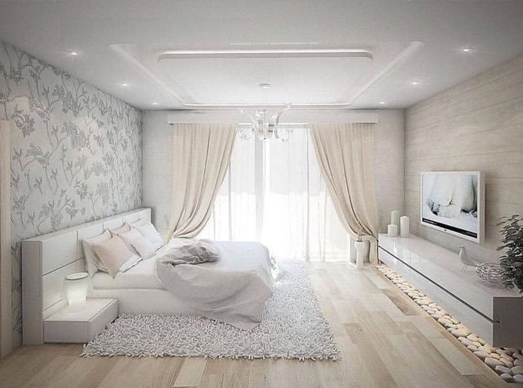 Спальня в современном стиле с белой глянцевой мебелью