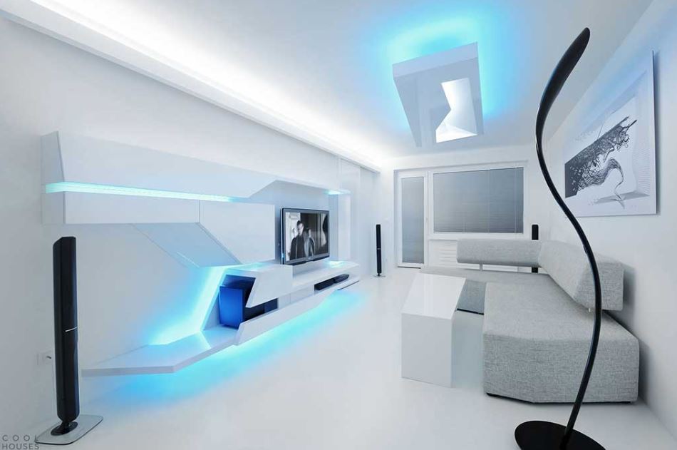 Стиль hi-tech: инновационное освещение белой гостиной