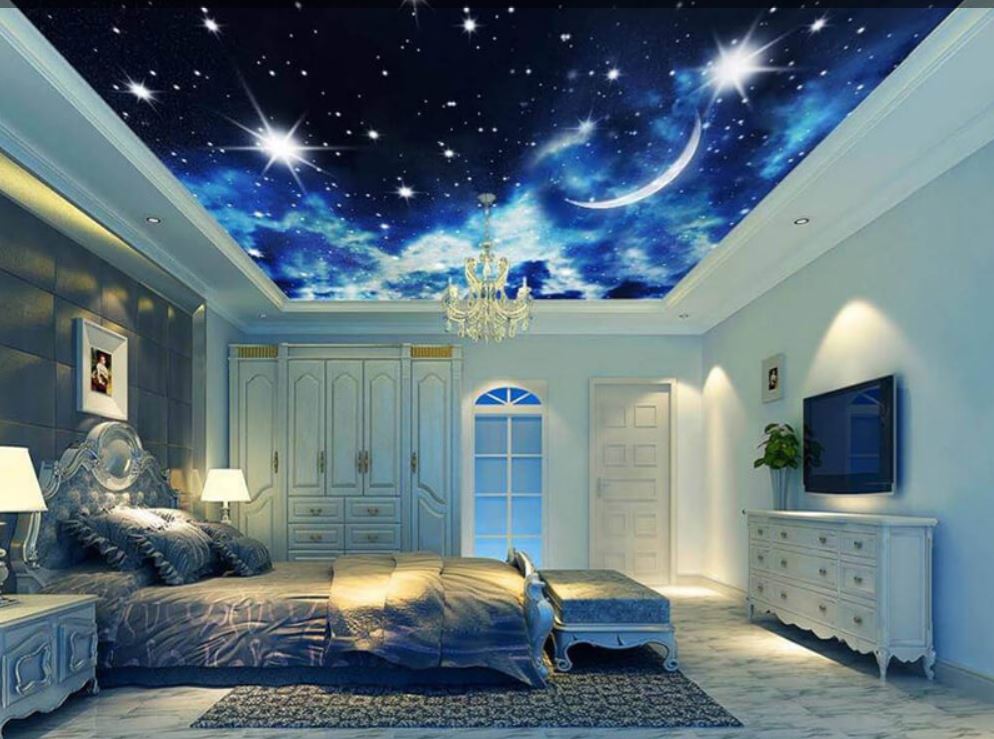 Сочетание «звездного неба» и современной подсветки в спальне в классическом стиле