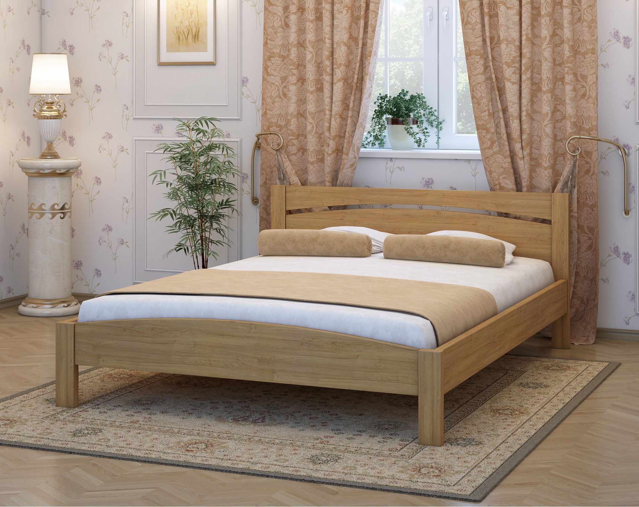 Двуспальная деревянная кровать светлых тонов