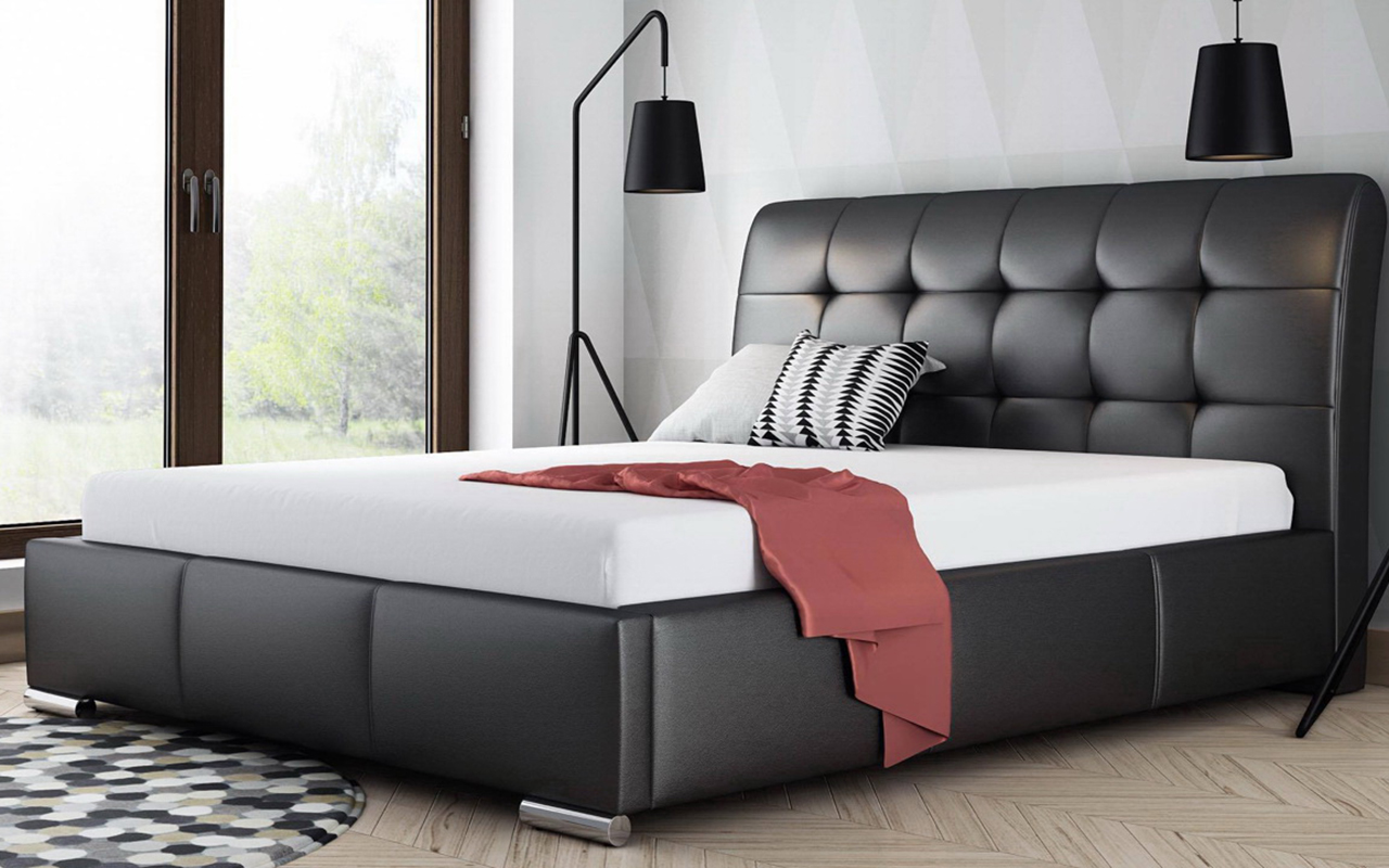 Кожаный дизайн двуспальной кровати – подчеркнет дорогой интерьер спальни