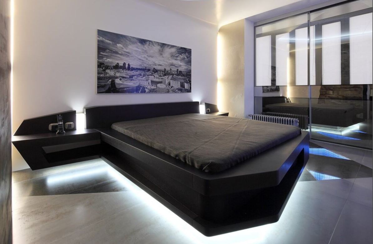 Хай-тек спальня с черной «парящей» кроватью