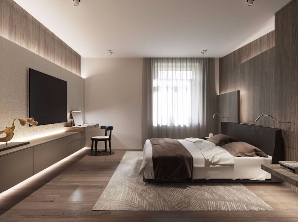 Бежево-коричневая спальня в стиле хай-тек