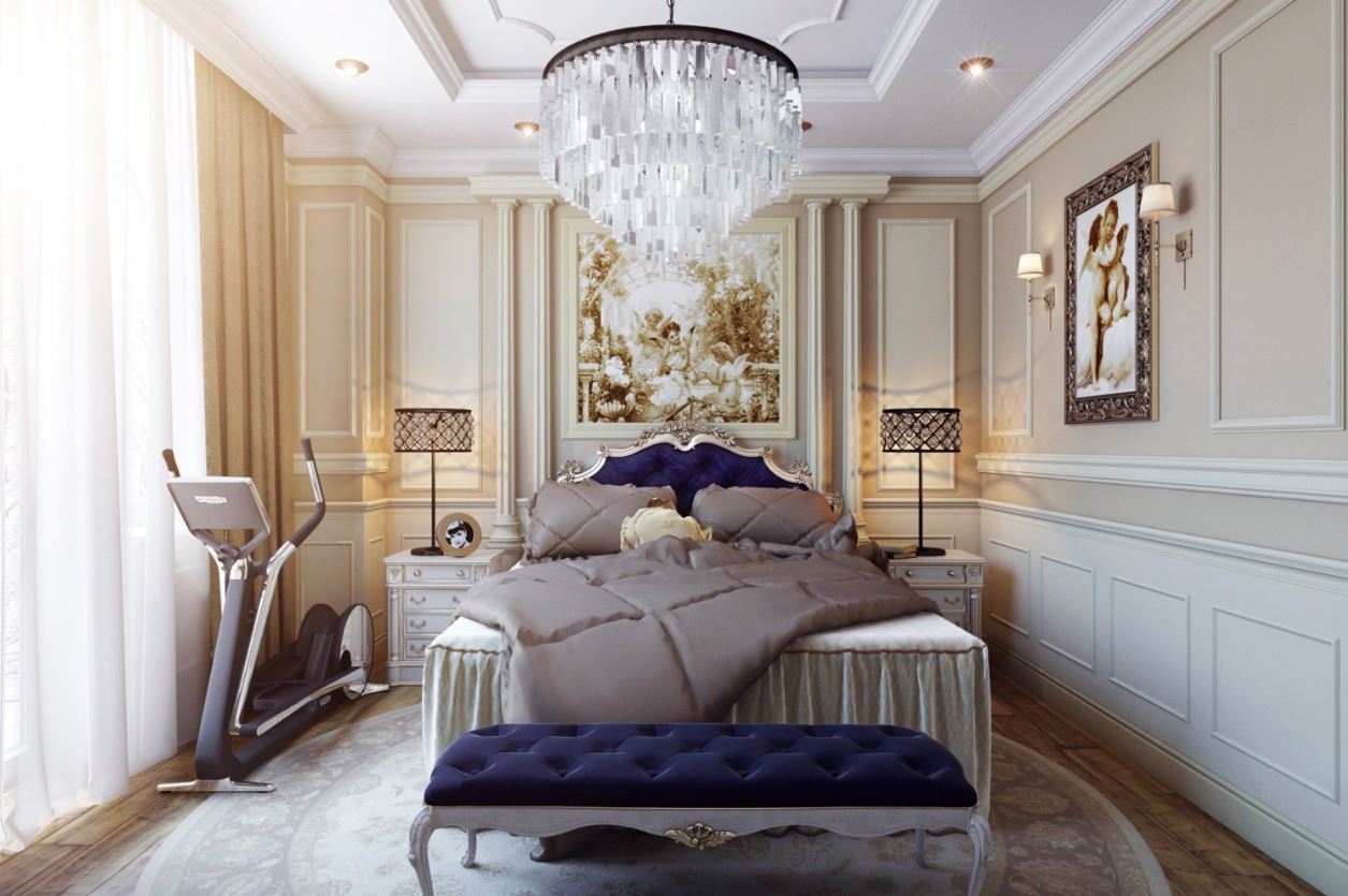 В неоклассической спальне органично смотрятся современные гаджеты, например, элегантная беговая дорожка