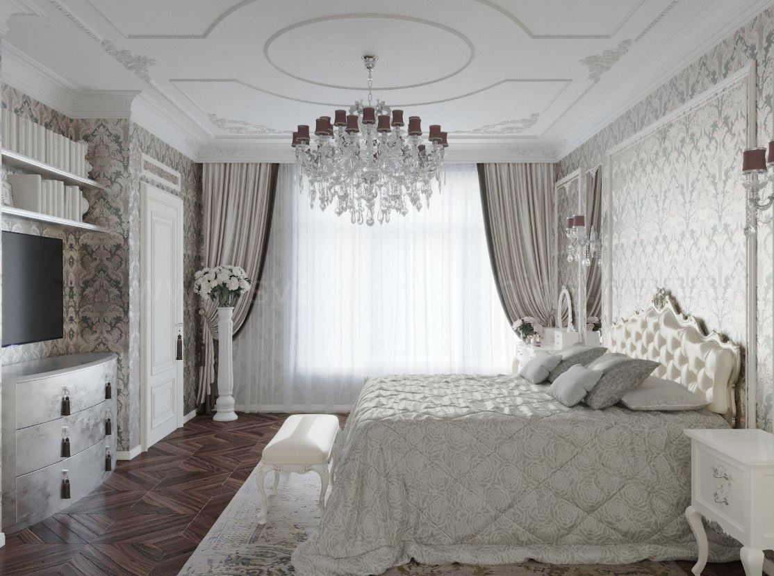 Серебристо-серая спальня в стиле неоклассицизм