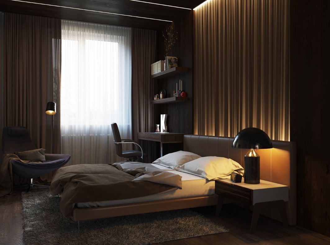 Современный дизайн интерьера светлой спальни с темной кроватью