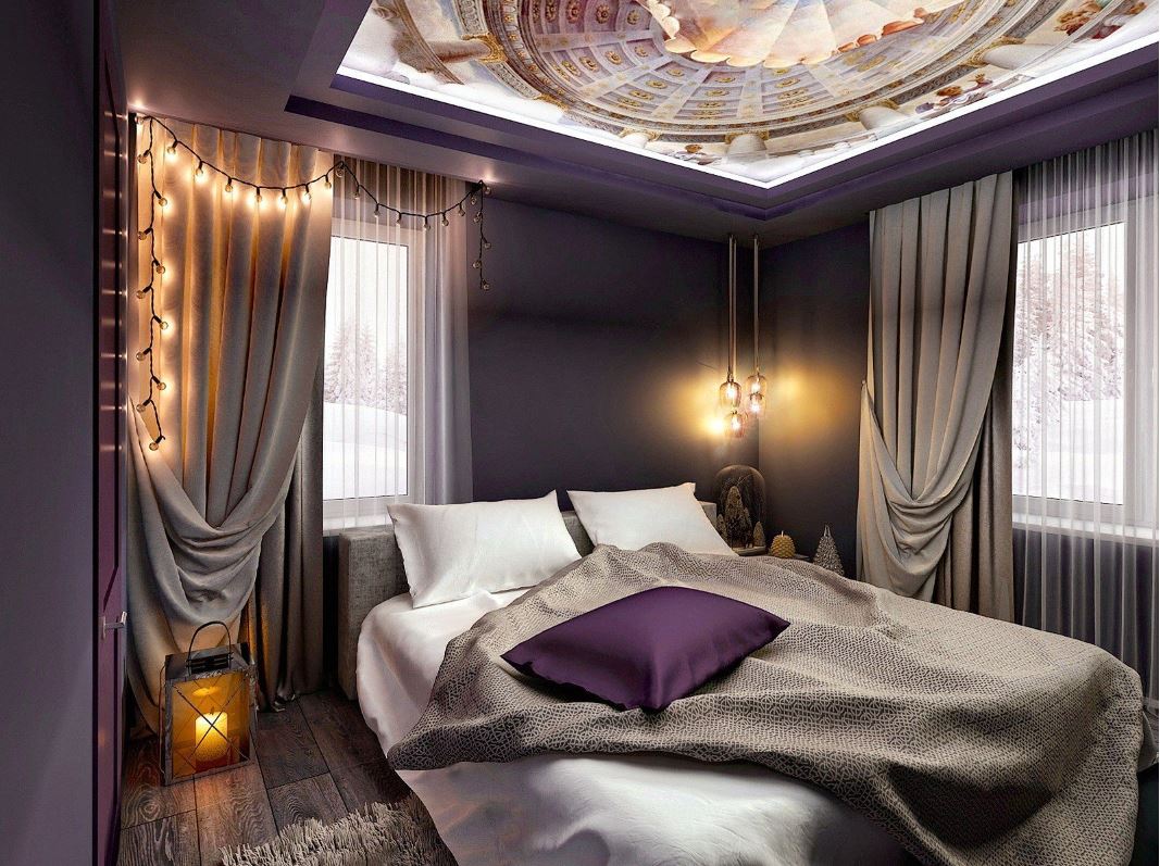 Пурпурно-серая спальня в стиле ар-деко