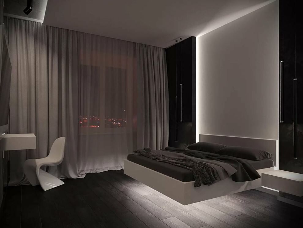 Темная спальня с белой мебелью в стиле минимализм