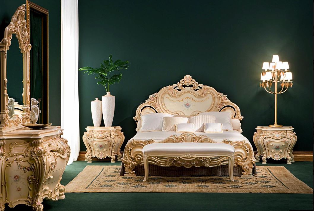 Темно-зеленая спальня с бело-золотой мебелью в стиле барокко