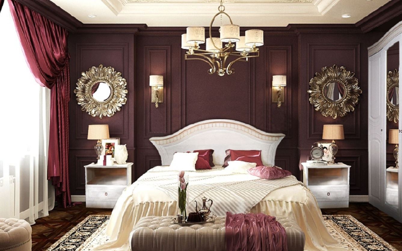 Бордовая спальня в классическом стиле