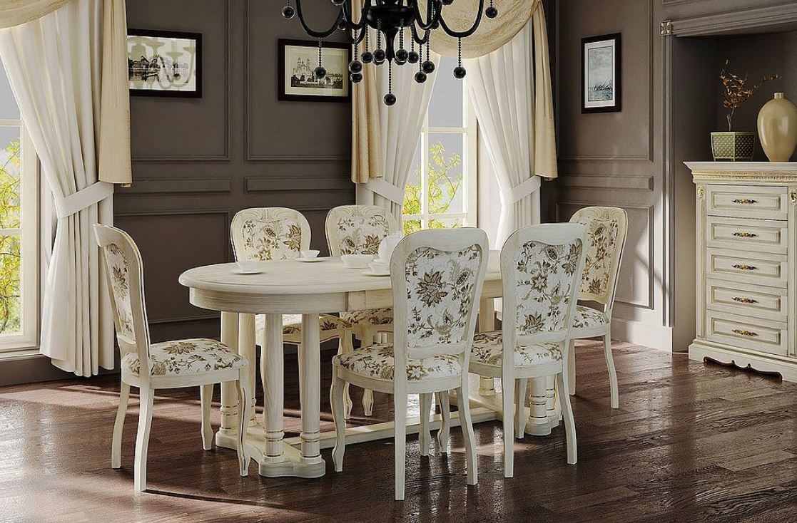 Белые стулья с цветочной обивкой органично смотрятся и классической столовой и в стиле прованс