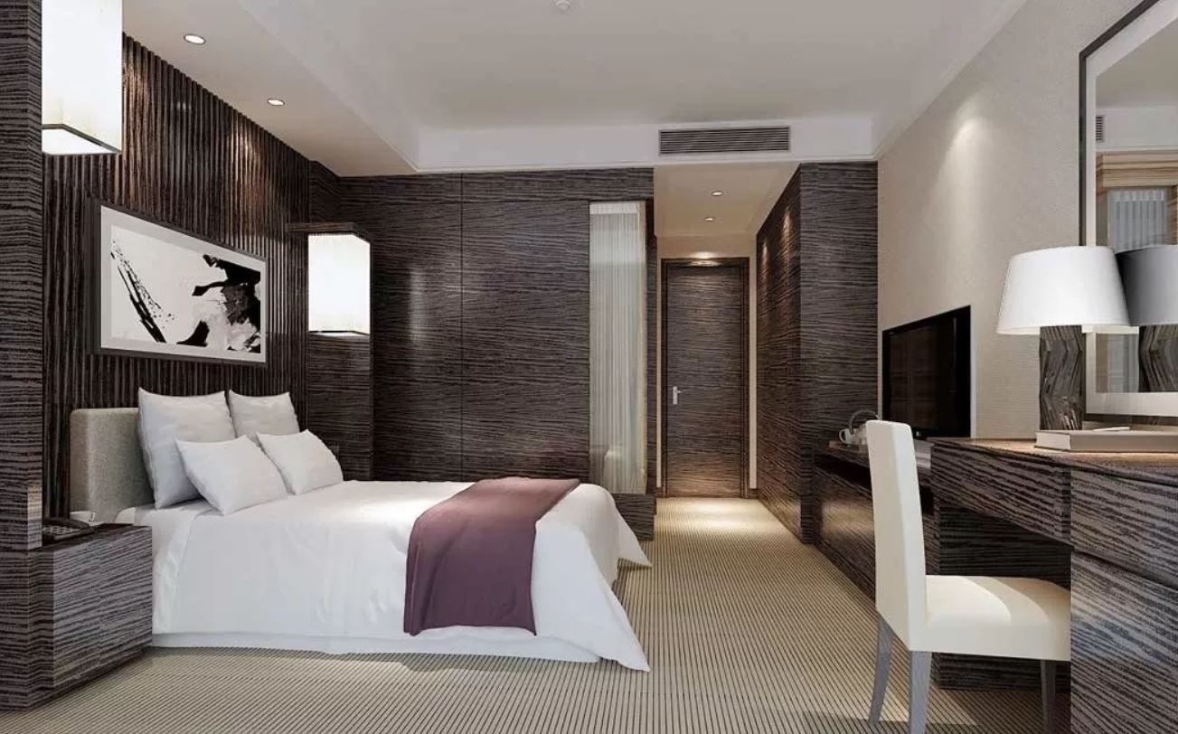 Современная спальня с отделкой стен панелями цвета венге