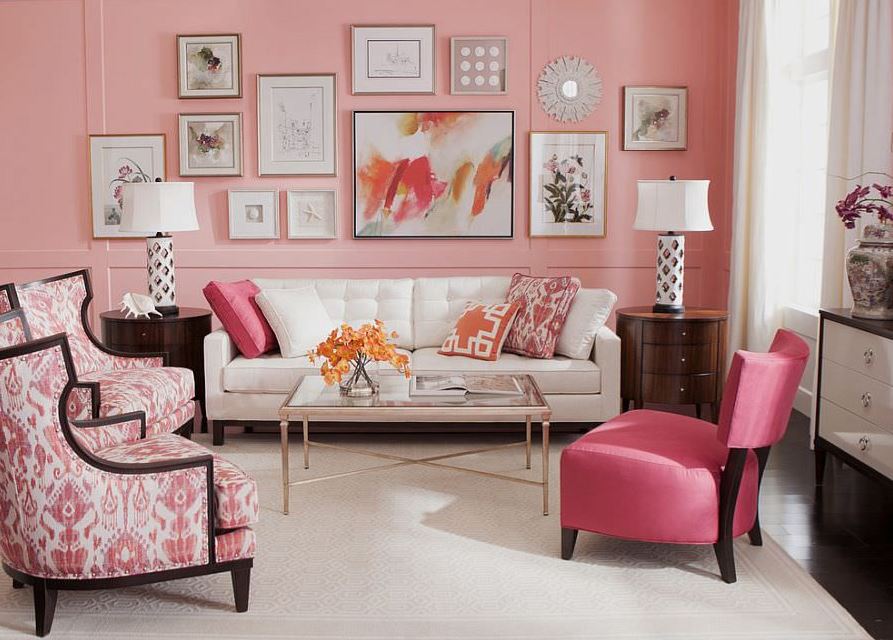Элегантная бело-розовая гостиная