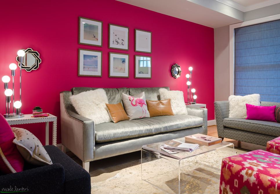 Интенсивность цвета фуксии смягчает серебристый диван в гостиной
