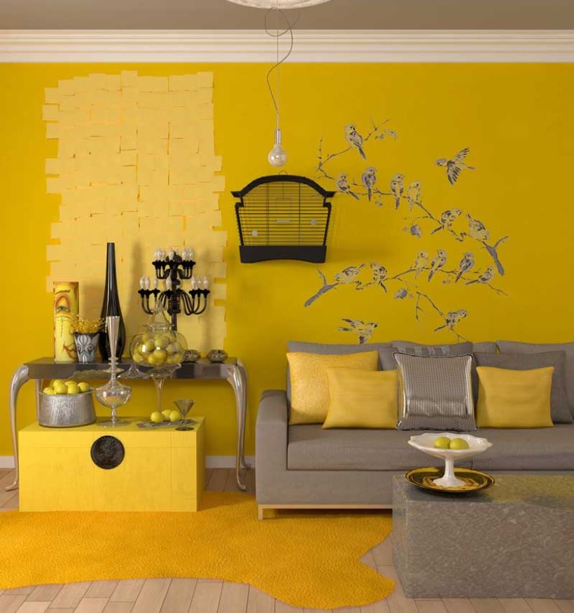 Теплый желтый интерьер гостиной
