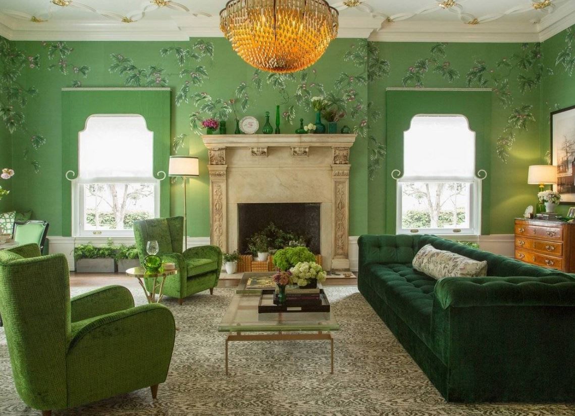 Зеленая гостиная с камином