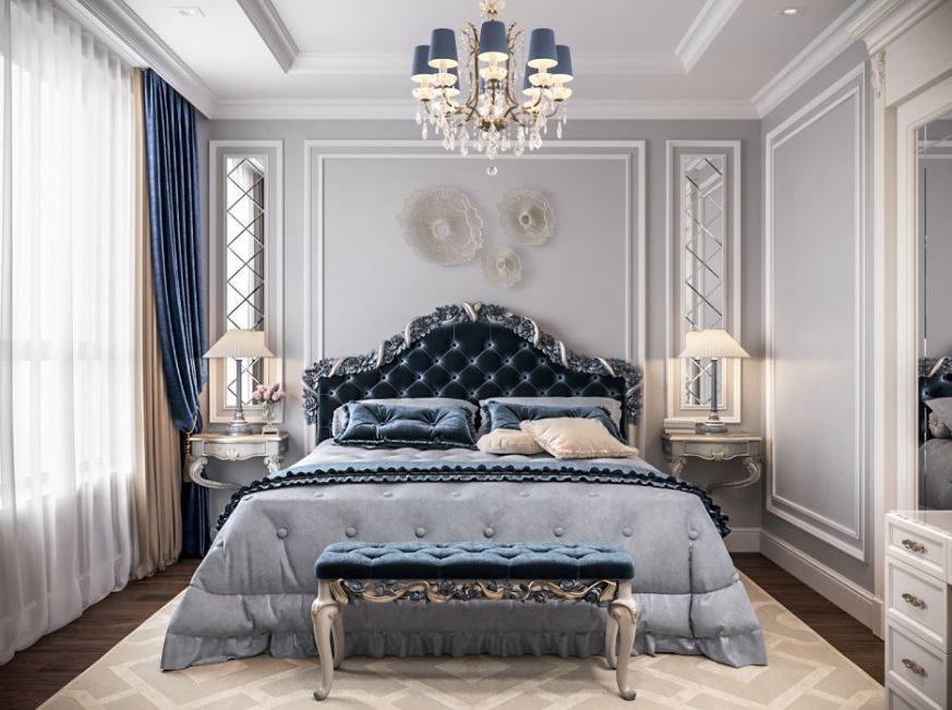 Голубая спальня в неоклассическом стиле