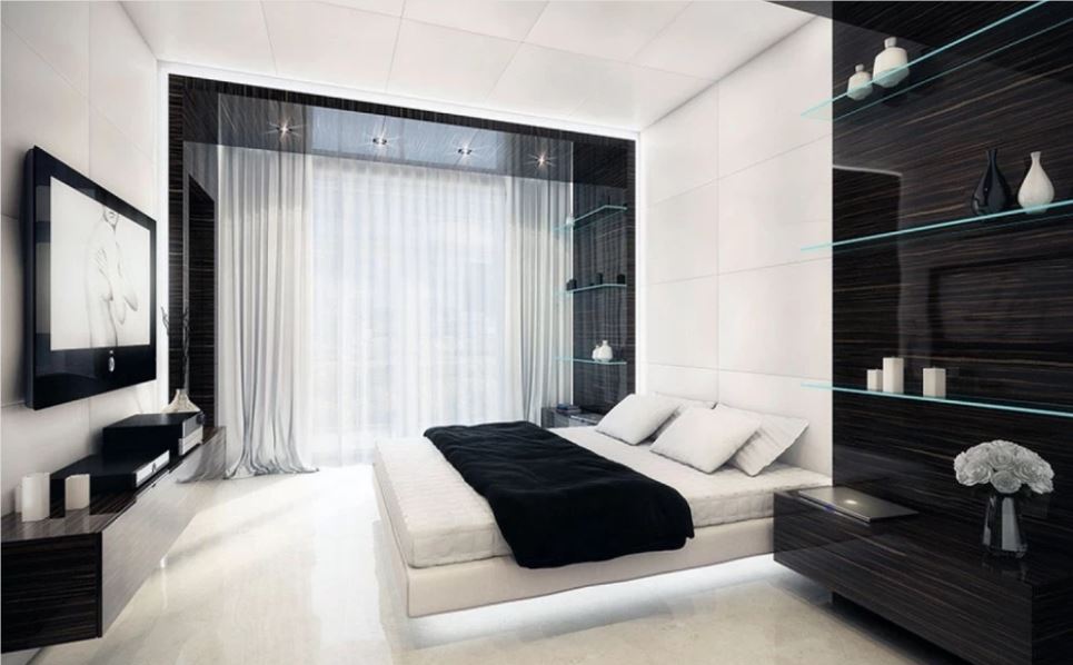 Черно-белая спальня с «парящей» кроватью в стиле hi-tech
