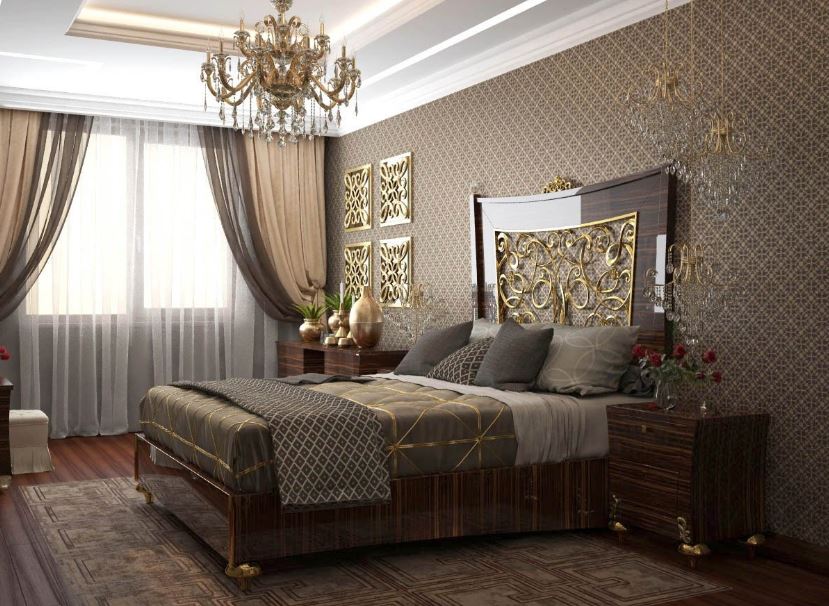 Красивая спальня в шоколадно-золотистой гамме