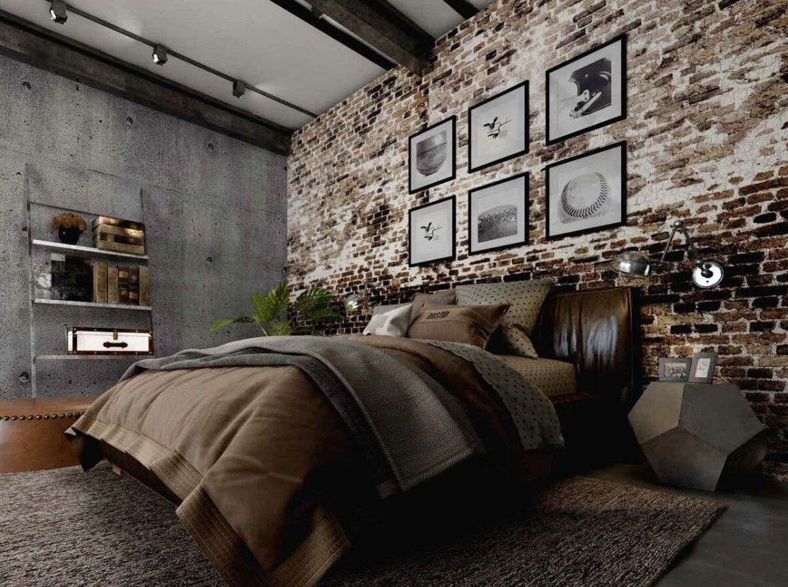 Кровать с мягким кожаным изголовьем - эффектный акцент в лофтовой спальне на фоне кирпичной кладки
