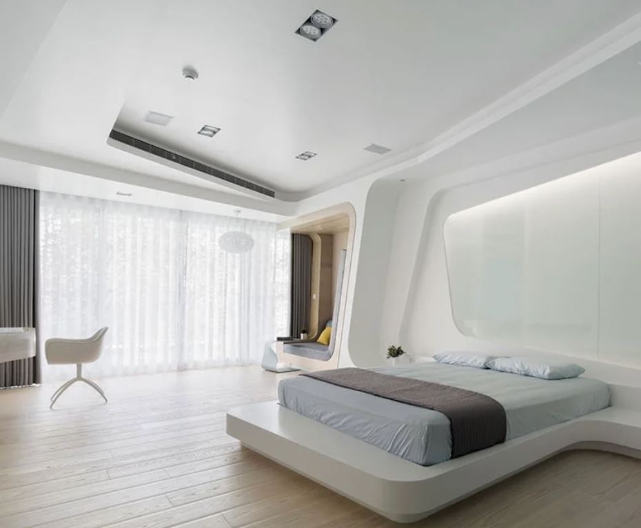 Космические формы и эксклюзивное освещение в белой спальне hi-tech