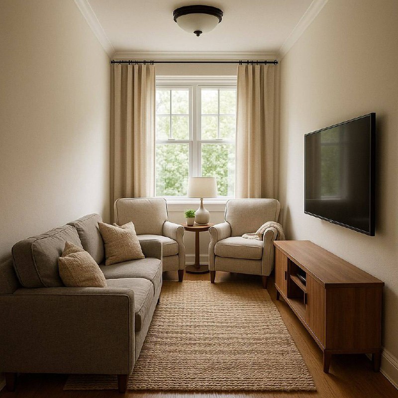 Узкая гостиная с уютными креслами у окна и деревянной ТВ-тумбой Узкая гостиная с уютными креслами у окна и деревянной ТВ-тумбой