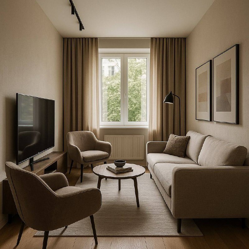 Узко-вытянутая гостиная с креслами напротив дивана Узко-вытянутая гостиная с креслами напротив дивана