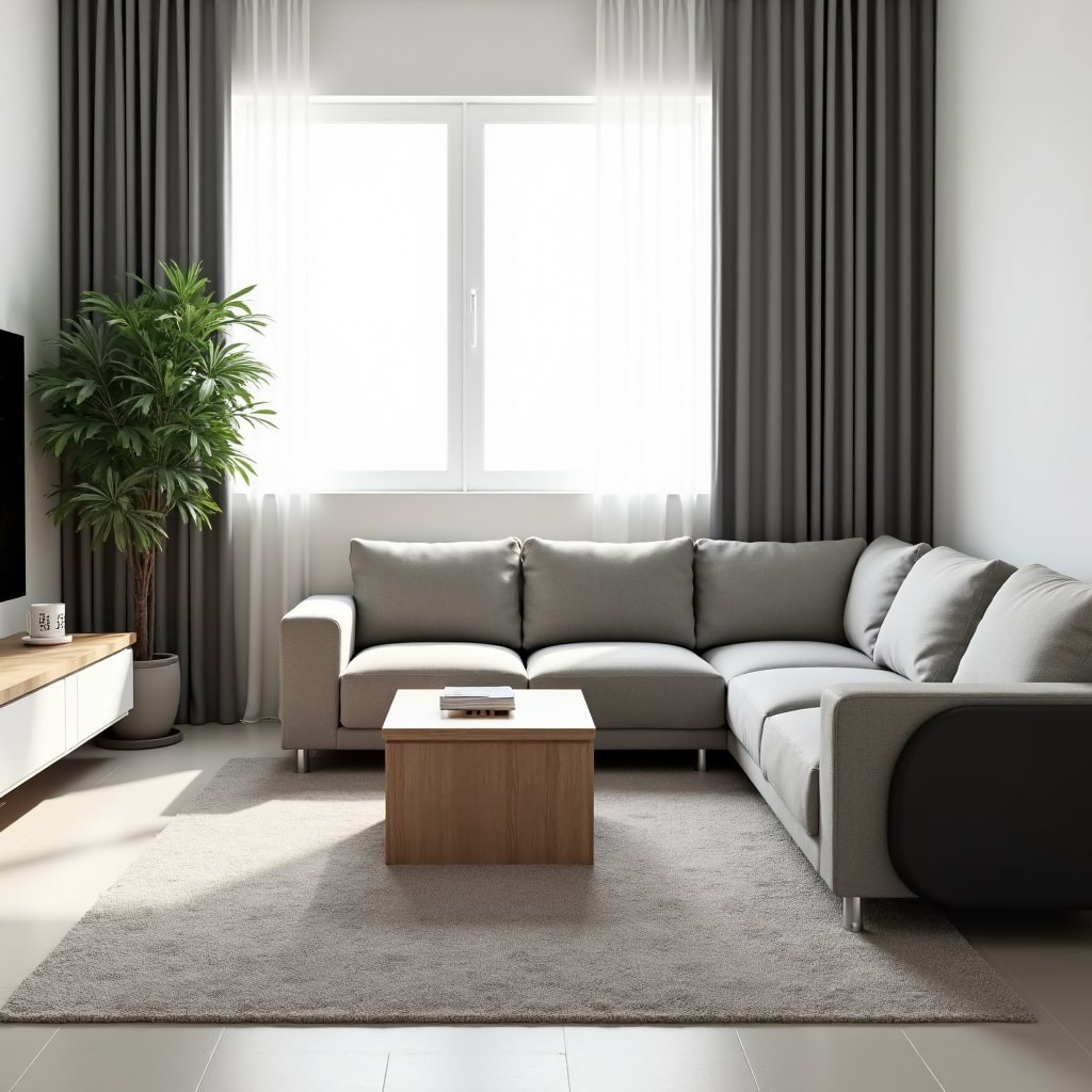 Гостиная в серых и бежевых тонах, четкие линии мебели и ровные пропорции создают ощущение порядка и лаконичности Гостиная в серых и бежевых тонах, четкие линии мебели и ровные пропорции создают ощущение порядка и лаконичности