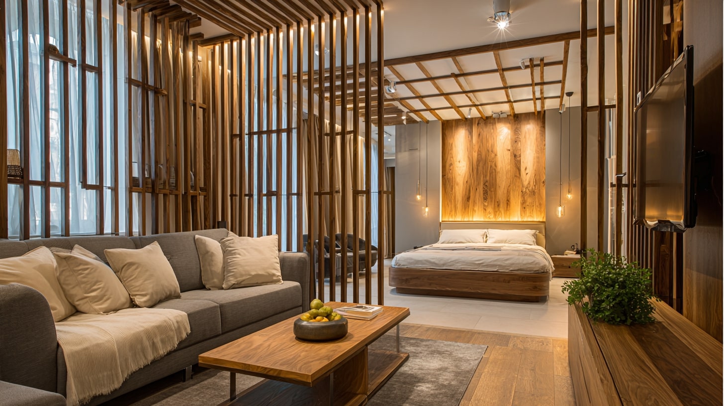 Гостиная с серым диваном и массивным деревянным столиком плавно переходит в спальную зону, разделённую вертикальными деревянными рейками, которые служат перегородкой и эстетическим акцентом. Гостиная с серым диваном и массивным деревянным столиком плавно переходит в спальную зону, разделённую вертикальными деревянными рейками, которые служат перегородкой и эстетическим акцентом.