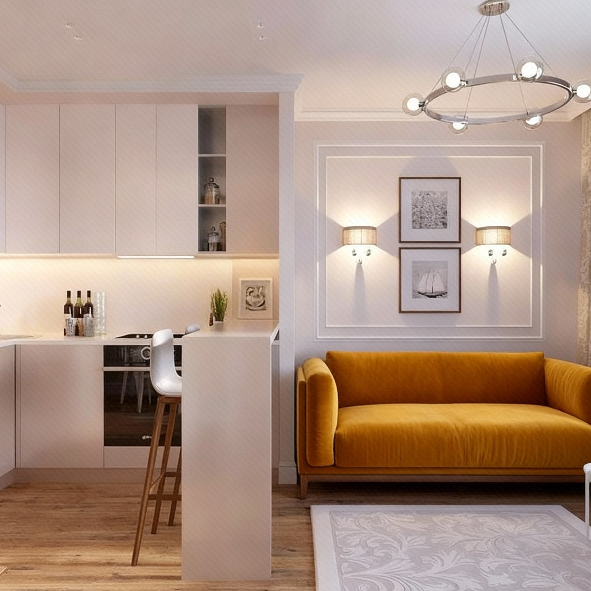 Кухня-гостиная 20 кв.м. с ярким диваном, зонированная барной стойкой Кухня-гостиная 20 кв.м. с ярким диваном, зонированная барной стойкой