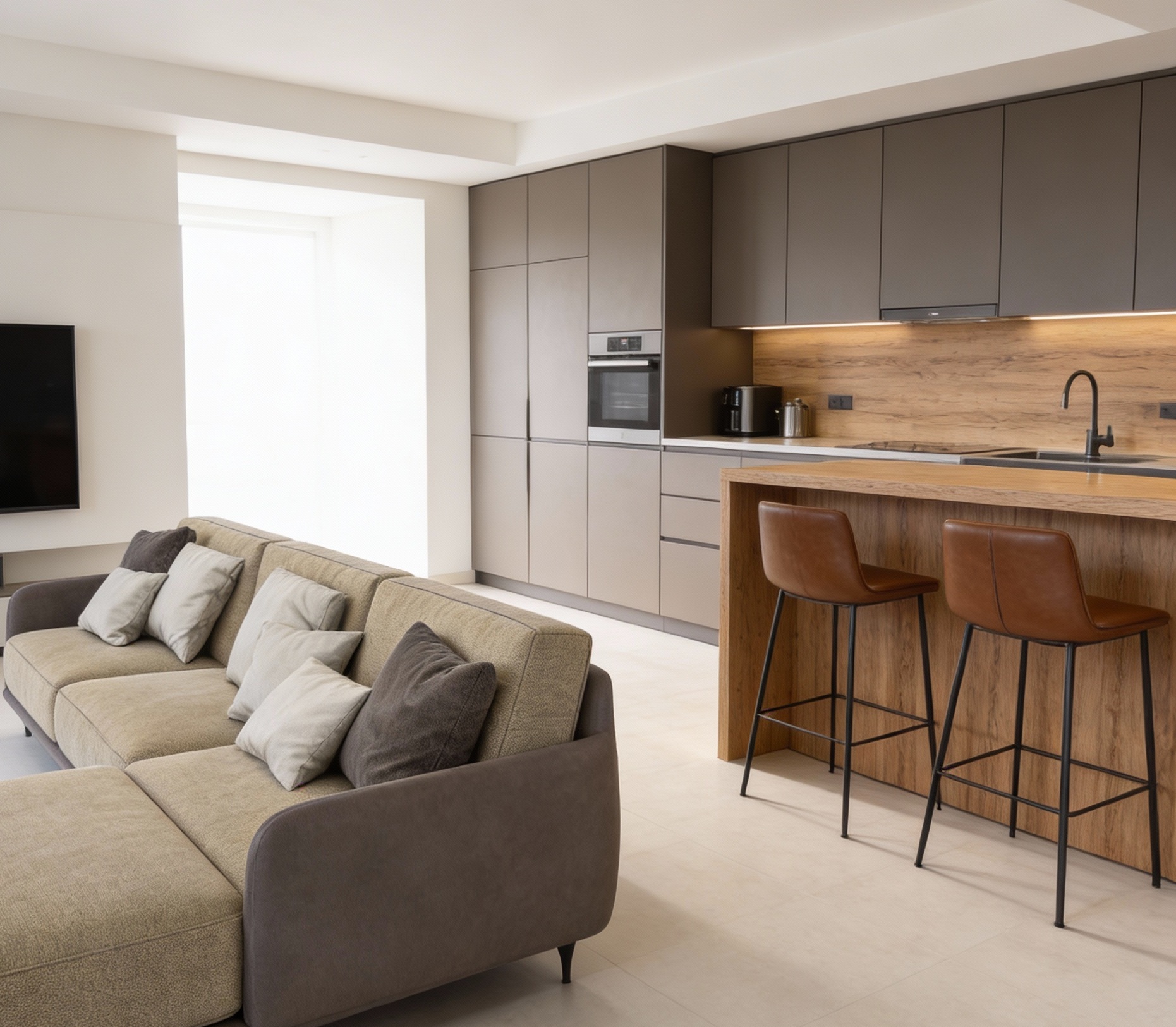 На фотографии трехместный Диван Wisset с шезлонгом размещен спинкой к кухне и разделяет гостиную на две зоны На фотографии трехместный Диван Wisset с шезлонгом размещен спинкой к кухне и разделяет гостиную на две зоны