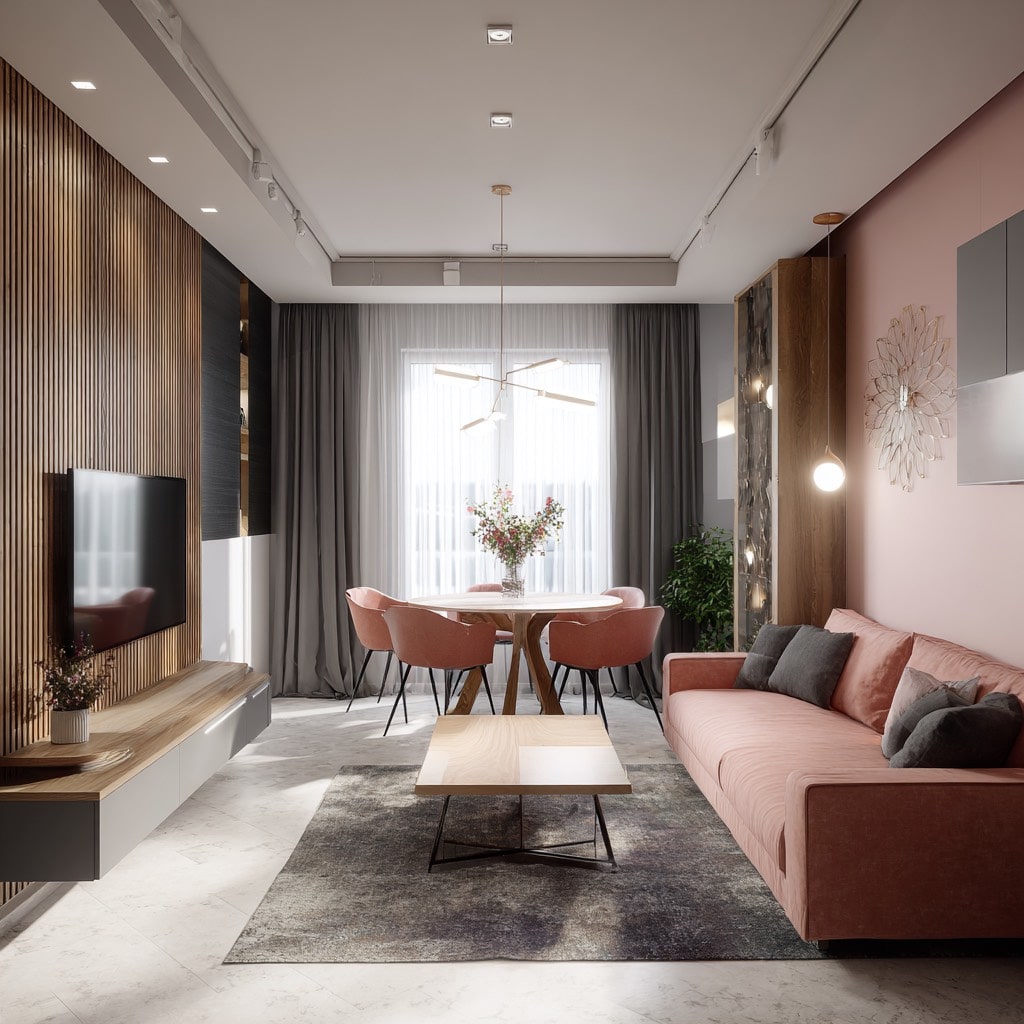 Гостиная на фотографии разделена на обеденную зону и зону отдыха мягким ковром и отделкой стен Гостиная на фотографии разделена на обеденную зону и зону отдыха мягким ковром и отделкой стен