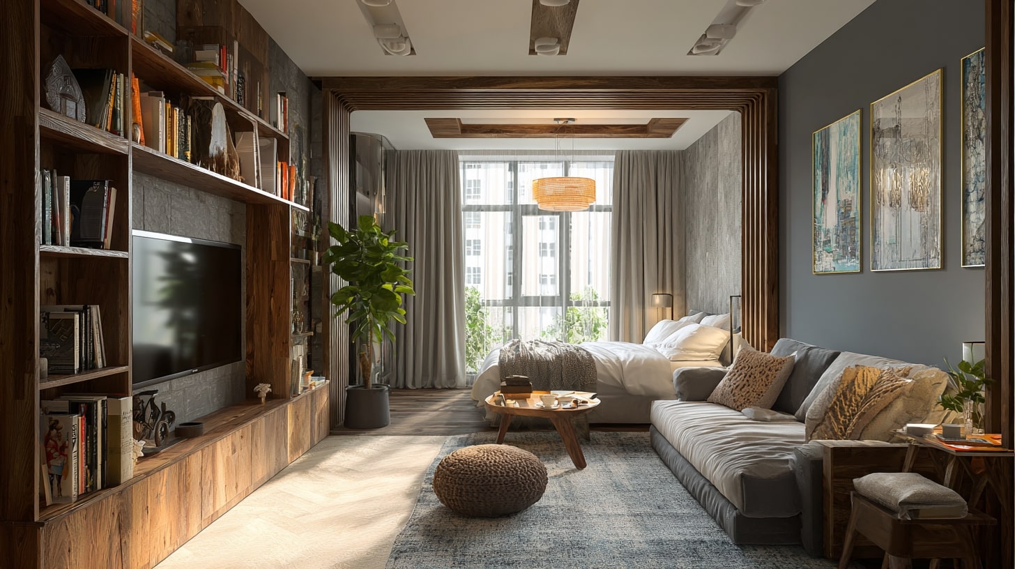 На фотографии спальная зона в гостиной, разделена раздвижной перегородкой На фотографии спальная зона в гостиной, разделена раздвижной перегородкой