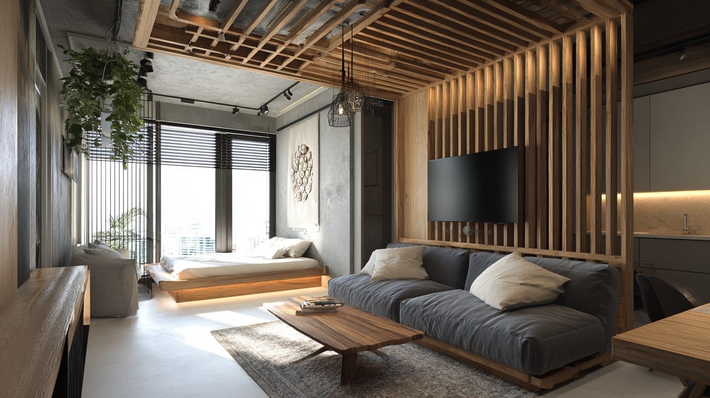 Интерьер гостиной с подиумом: на приподнятой платформе разместили невысокую кровать, превращая часть пространства в уютный спальный уголок Интерьер гостиной с подиумом: на приподнятой платформе разместили невысокую кровать, превращая часть пространства в уютный спальный уголок