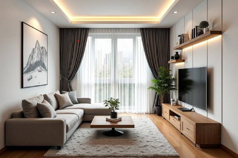 Современная гостиная 20 кв.м. со светлым диваном с оттоманкой на пушистом ковре Современная гостиная 20 кв.м. со светлым диваном с оттоманкой на пушистом ковре