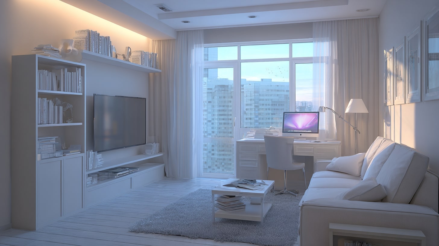 Гостиная с рабочим столом, расположенным у окна Гостиная с рабочим столом, расположенным у окна