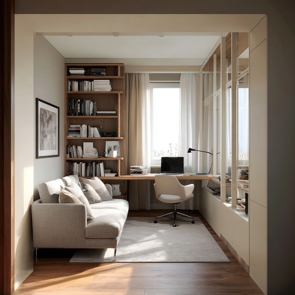 Полноценный рабочий кабинет, обустроенный в гостиной с помощью зонирования шкафами и стеллажами Полноценный рабочий кабинет, обустроенный в гостиной с помощью зонирования шкафами и стеллажами