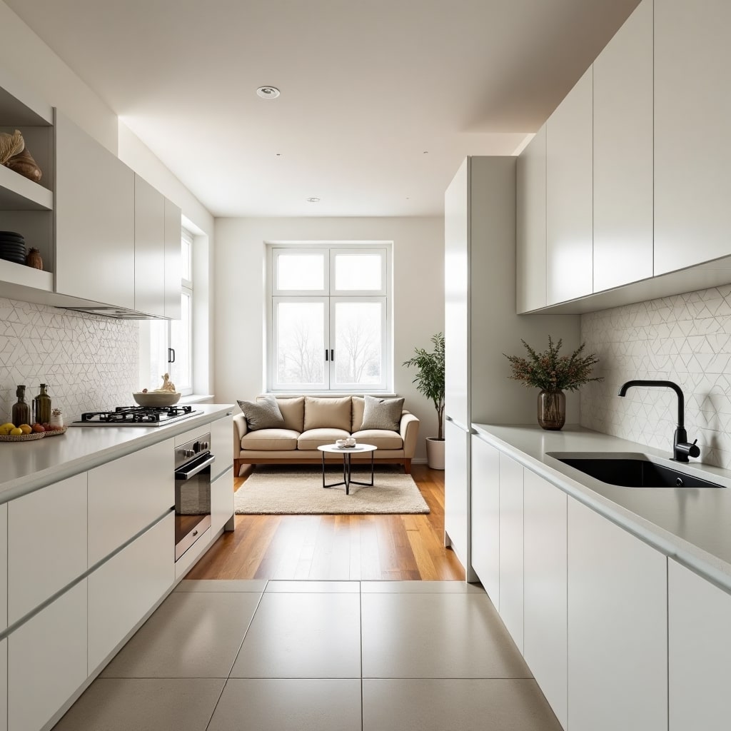 Кухня с белыми фасадами и плиткой на полу переходит в гостиную с деревянным полом, бежевым диваном и ковром — визуально это уже другая «комната», хотя перегородок нет. Кухня с белыми фасадами и плиткой на полу переходит в гостиную с деревянным полом, бежевым диваном и ковром — визуально это уже другая «комната», хотя перегородок нет.