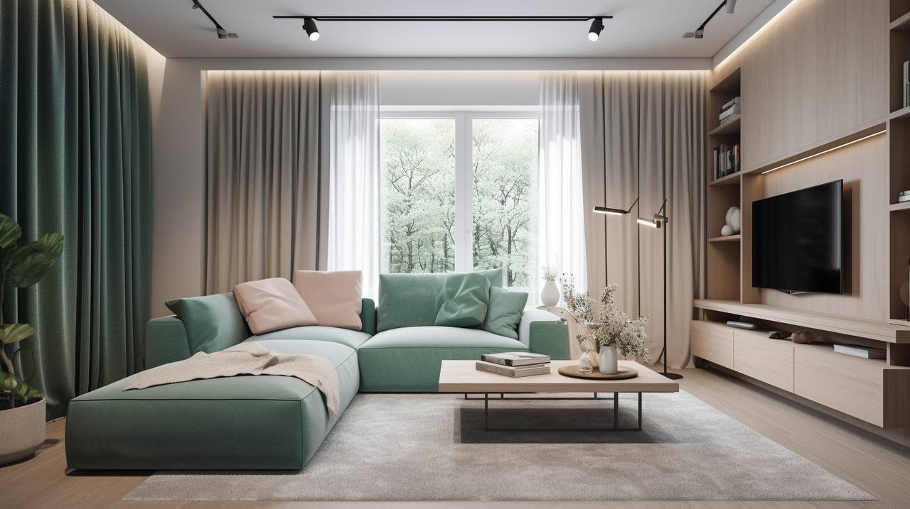 Современная гостиная с акцентом на тёплую древесину и бирюзовый цвет Современная гостиная с акцентом на тёплую древесину и бирюзовый цвет