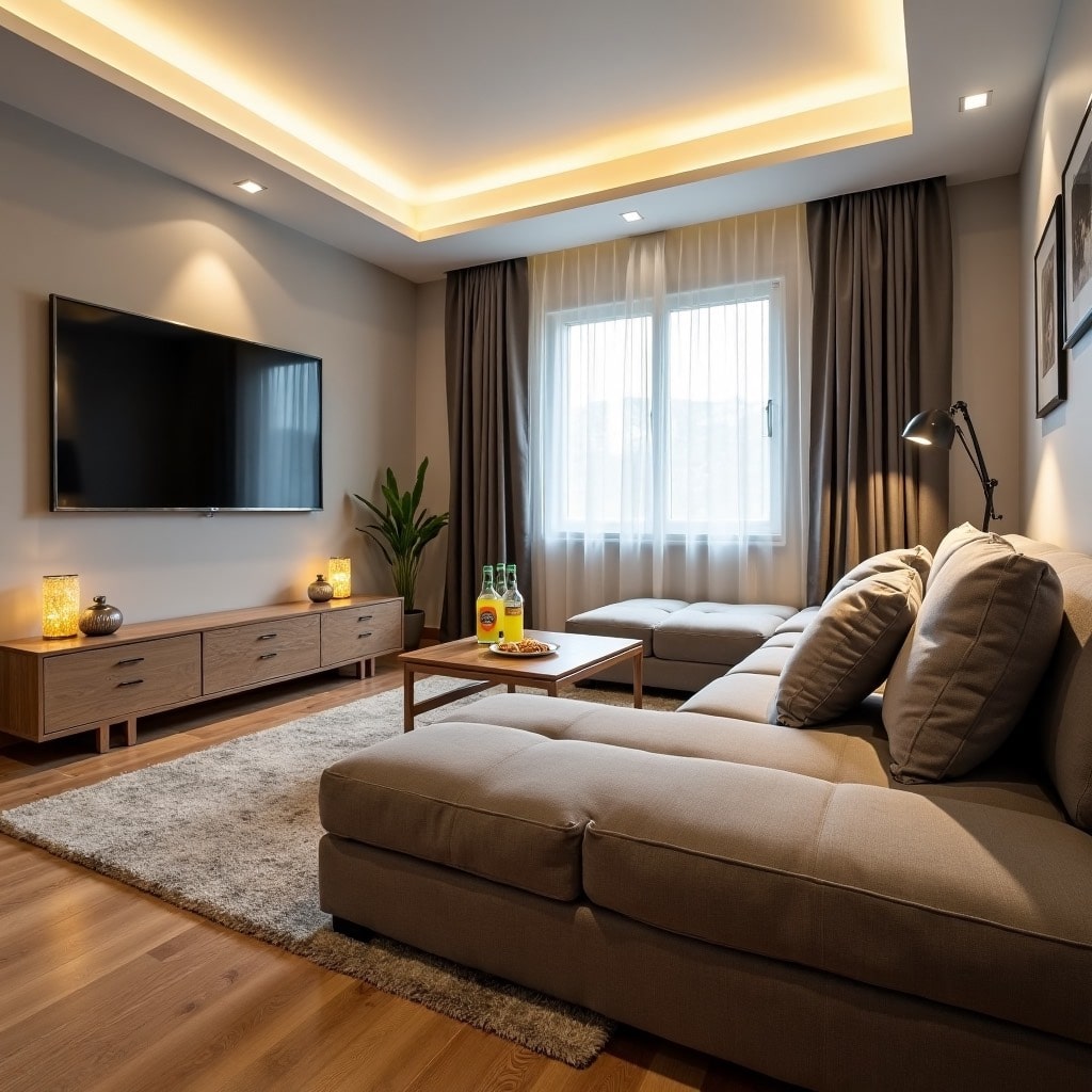 Большой П-образный диван в гостиной для просмотра кино и встреч с друзьями Большой П-образный диван в гостиной для просмотра кино и встреч с друзьями