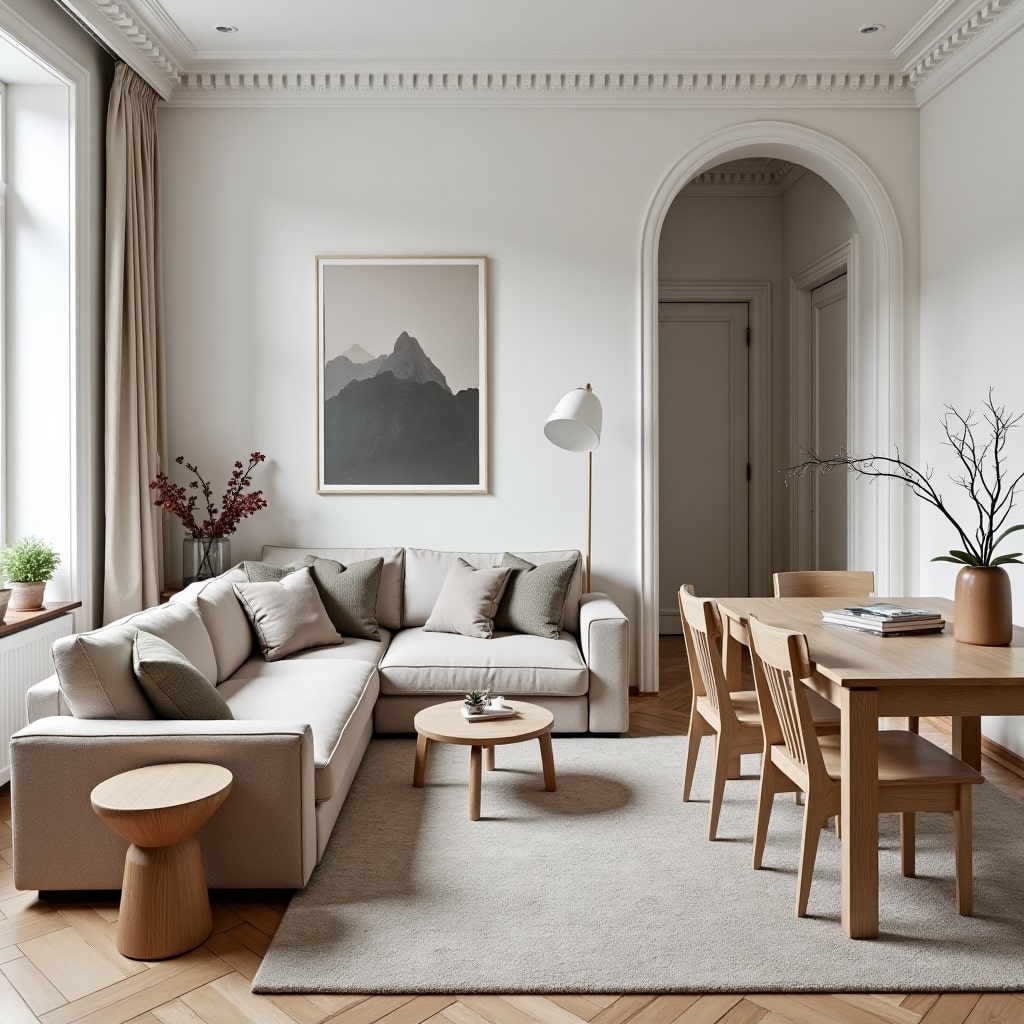 Кухня-гостиная 20 кв. м. в скандинавском стиле с обеденной зоной Кухня-гостиная 20 кв. м. в скандинавском стиле с обеденной зоной