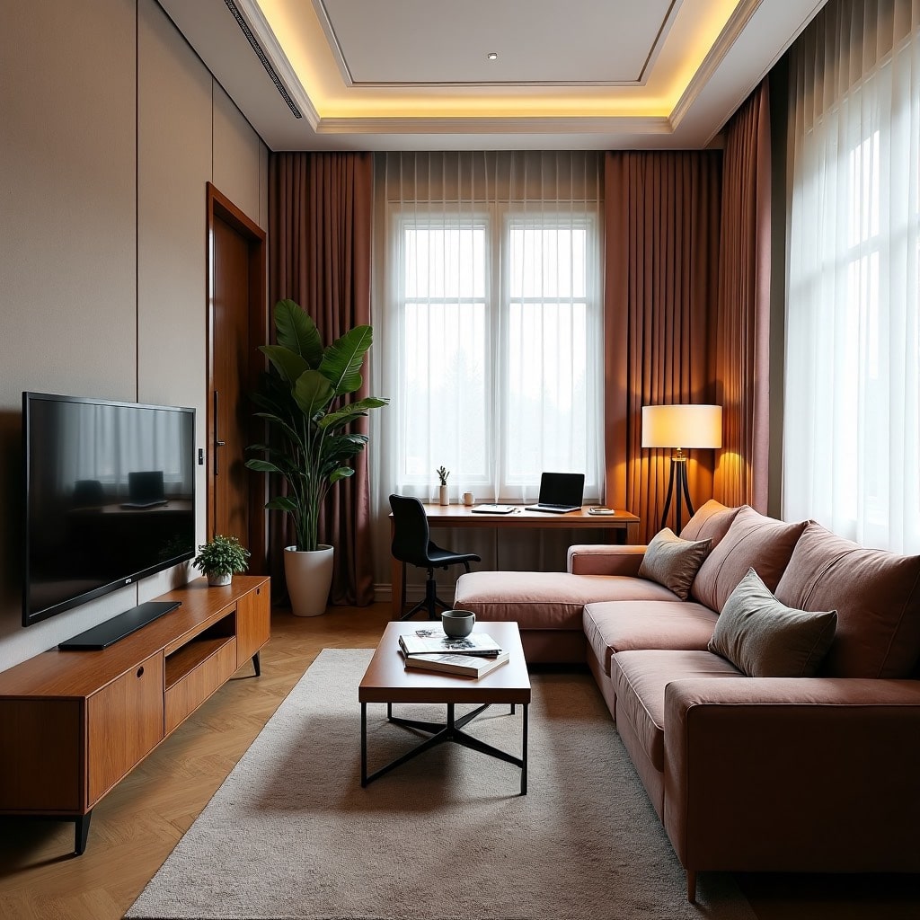 Гостиная с чистыми линиями в нейтральной палитре, акцент добавляет тепло материалов Гостиная с чистыми линиями в нейтральной палитре, акцент добавляет тепло материалов