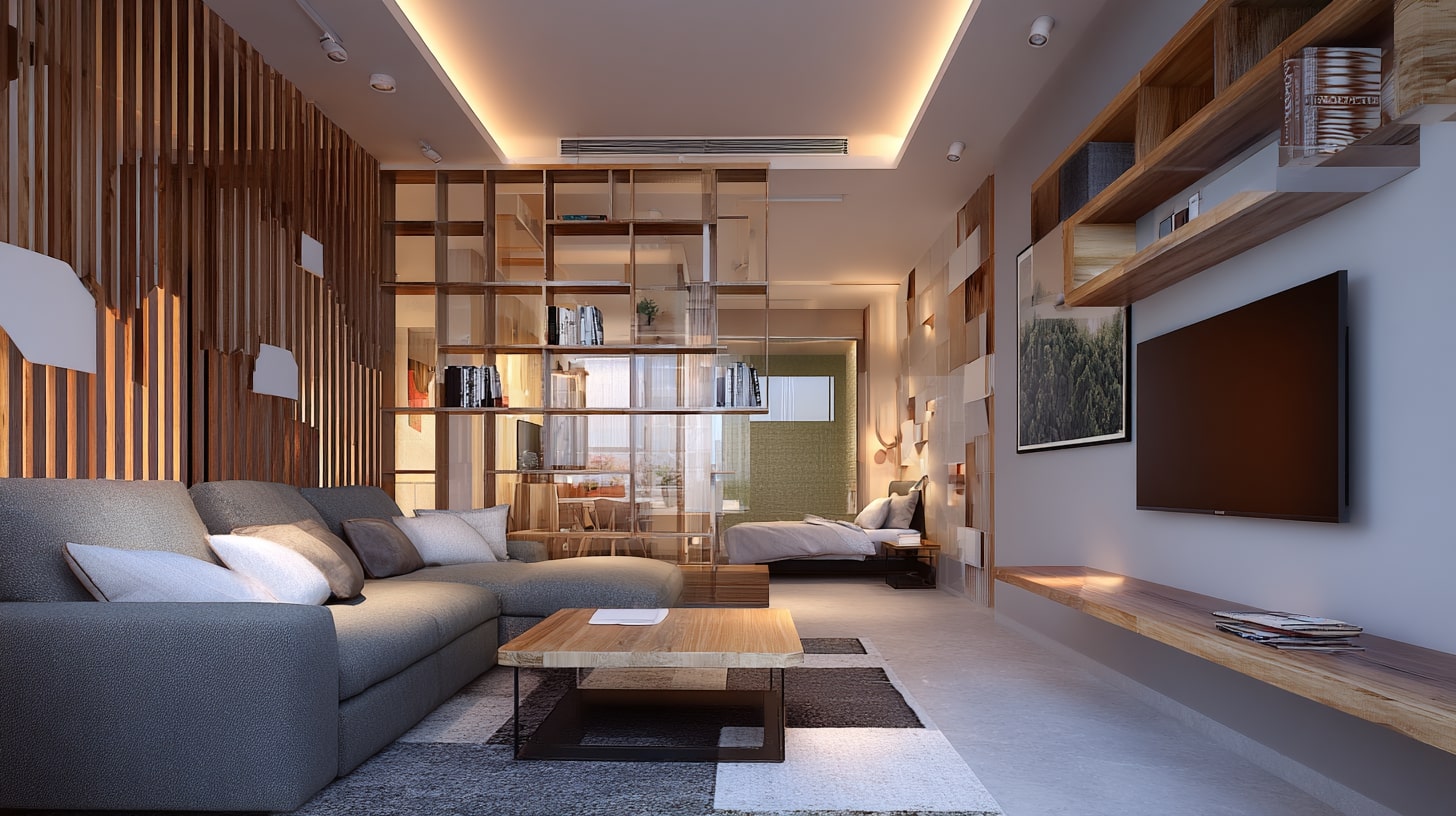 Нейтральная палитра, чистые линии мебели и обилие натуральных материалов — дерево, стекло и текстиль — в сочетании с мягким потолочным светом визуально расширяют пространство. Нейтральная палитра, чистые линии мебели и обилие натуральных материалов — дерево, стекло и текстиль — в сочетании с мягким потолочным светом визуально расширяют пространство.