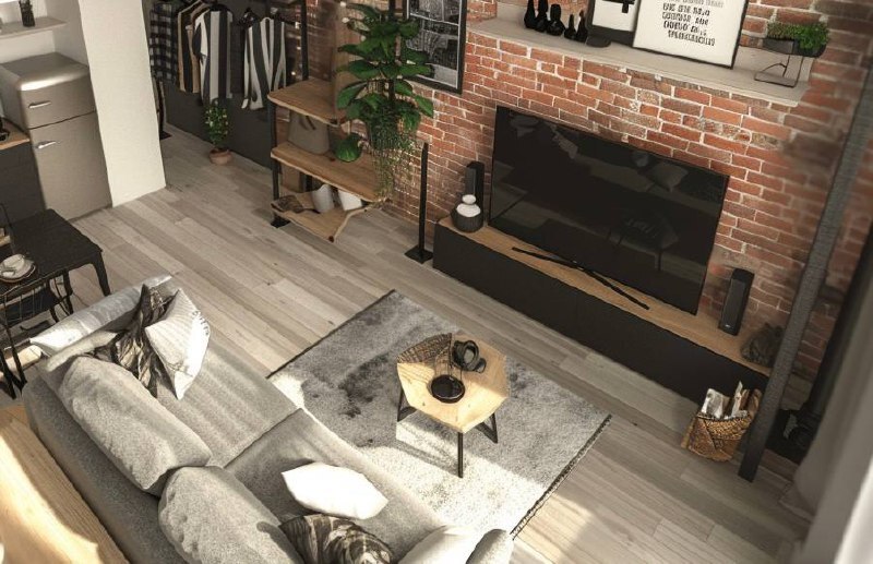 Индустриальный дизайн гостиной с кирпичной стеной и текстурным деревом Индустриальный дизайн гостиной с кирпичной стеной и текстурным деревом