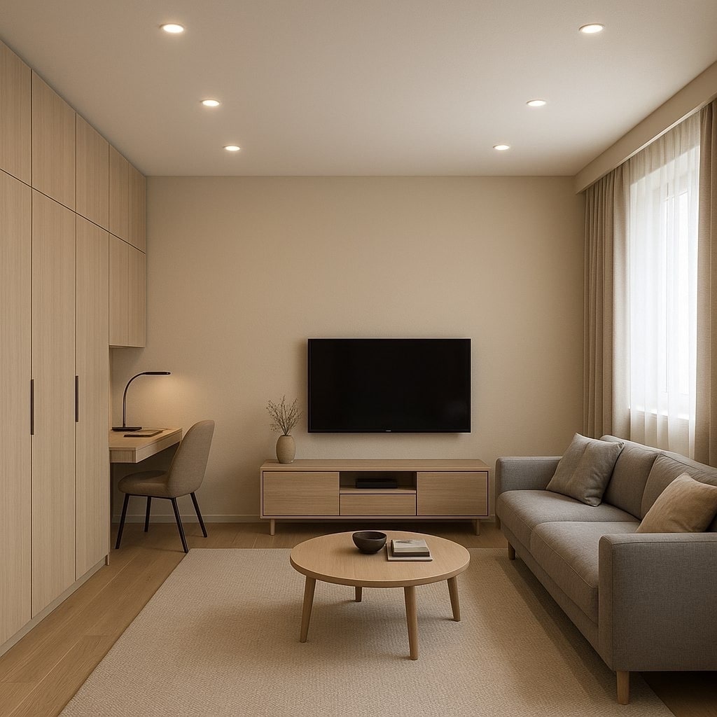 Большой шкаф для хранения, плавно переходящий в рабочую зону с компактным столом и удобным стулом Большой шкаф для хранения, плавно переходящий в рабочую зону с компактным столом и удобным стулом